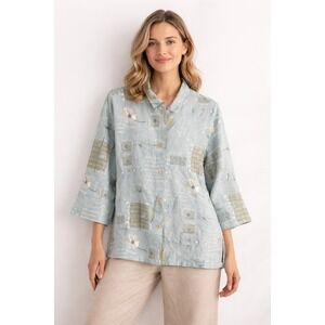 Sweet Jessie Shirt XL Linen Button Up Sky Blue Floral Script Coastal Grandma Vtg